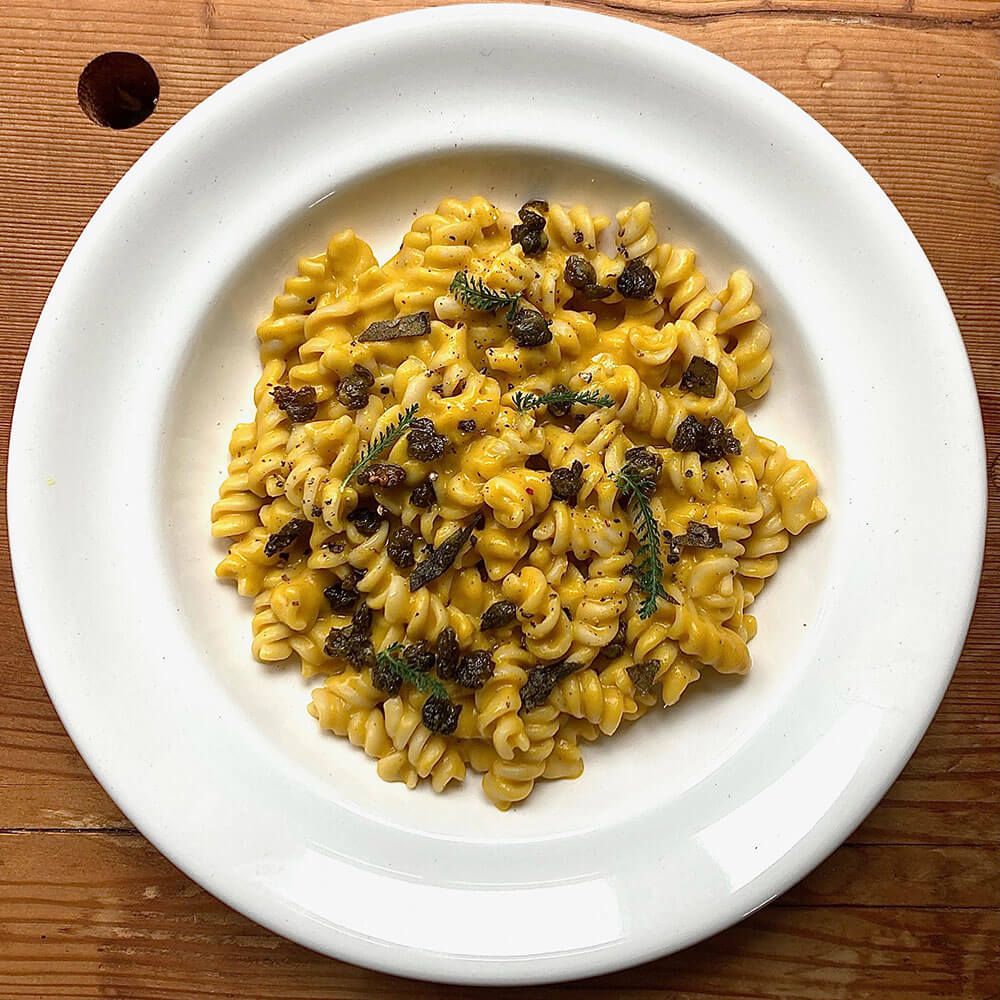 Crown prince squash and roast garlic fusilli with crispy capers